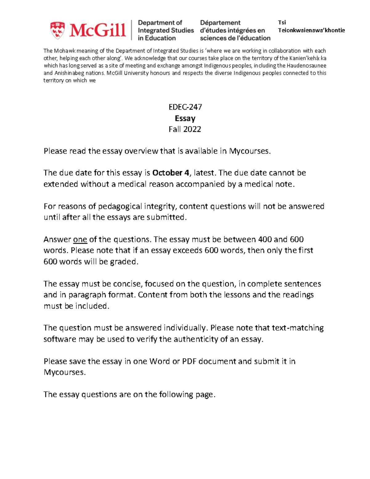 Essay EDEC-247 F22 - NOTES - The Mohawk meaning of the Department of ...