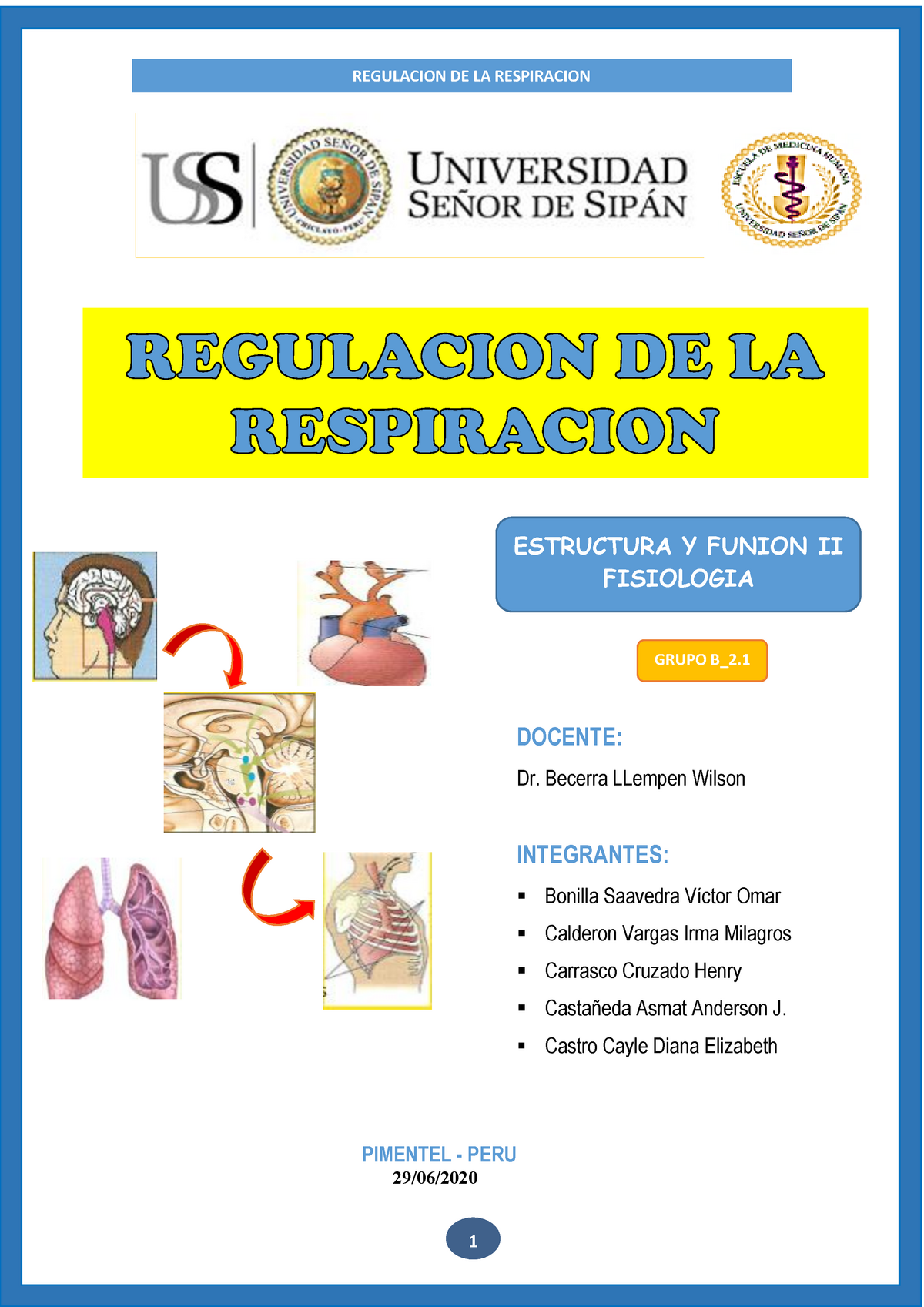 Grupo B 2.1 Regulacion DE LA Respiracion - DOCENTE: Dr. Becerra LLempen ...