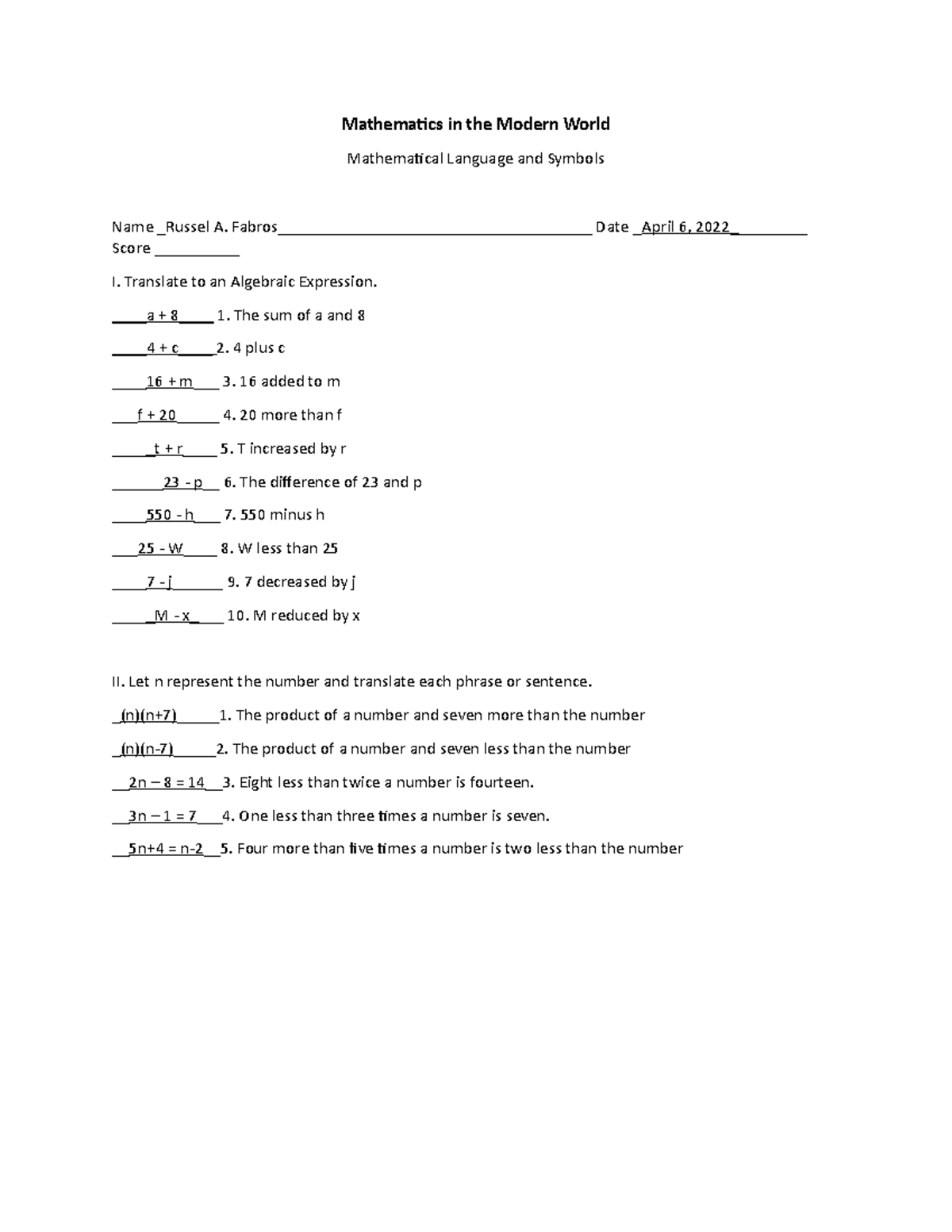 Mathematical Language and Symbols - Mathematics in the Modern World ...