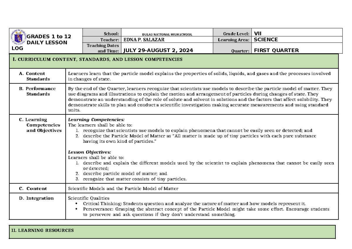 1-Q1 DLL Science 7 Lesson 1 Week 1 - GRADES 1 to 12 DAILY LESSON LOG ...