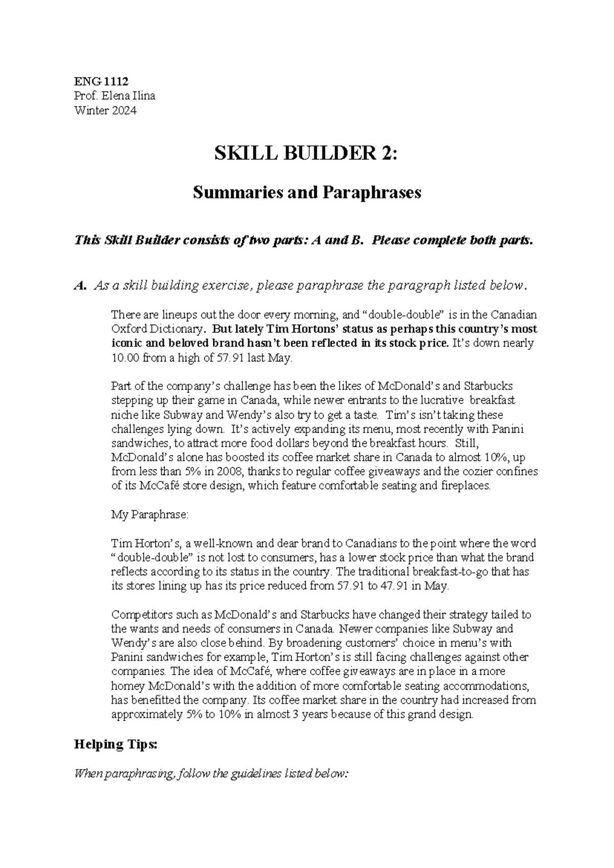 Skill Builder 2 S&P - ENG 1112 Prof. Elena Ilina Winter 2024 SKILL ...