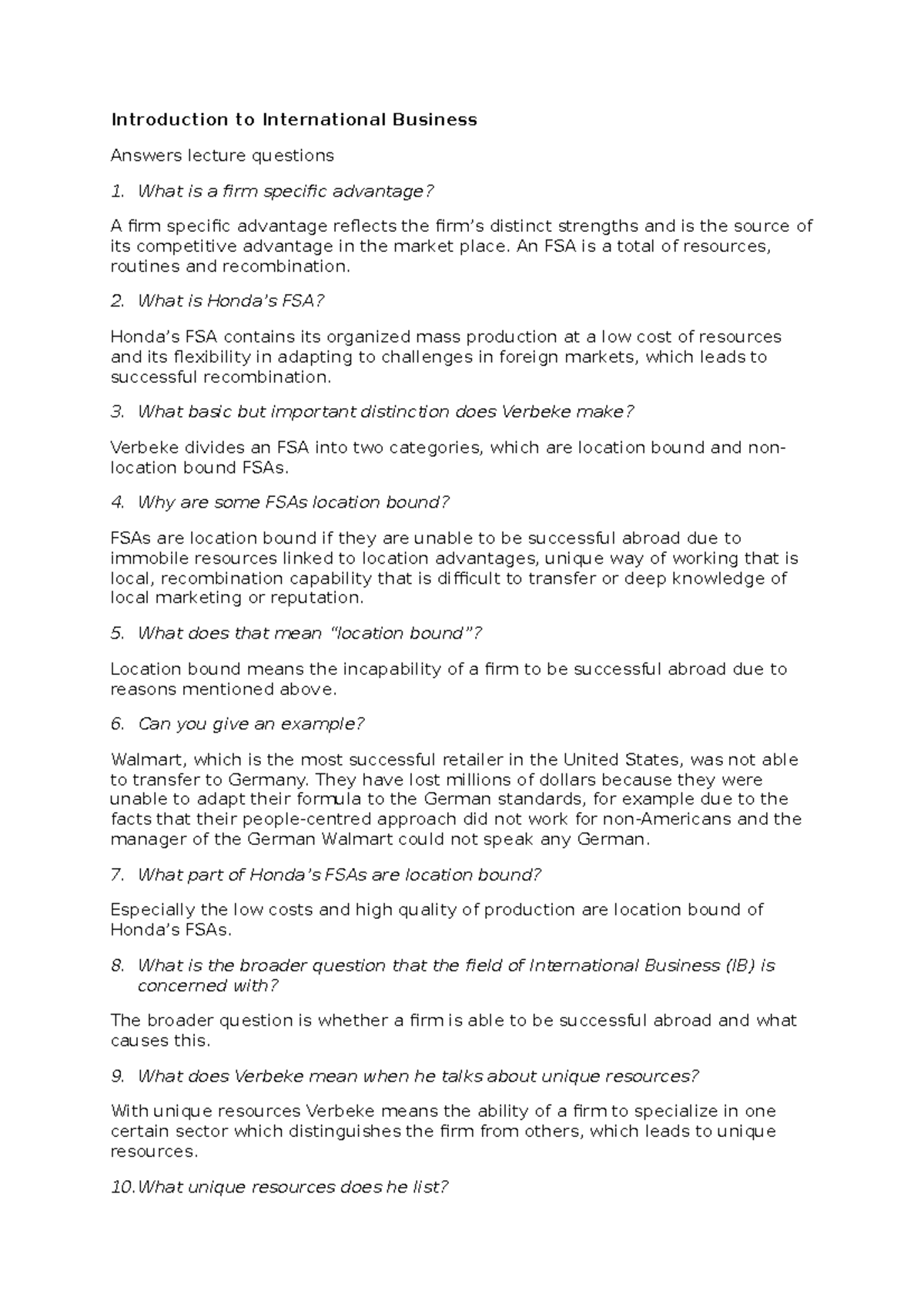 Answers questions lecture 1 Introduction to International Business