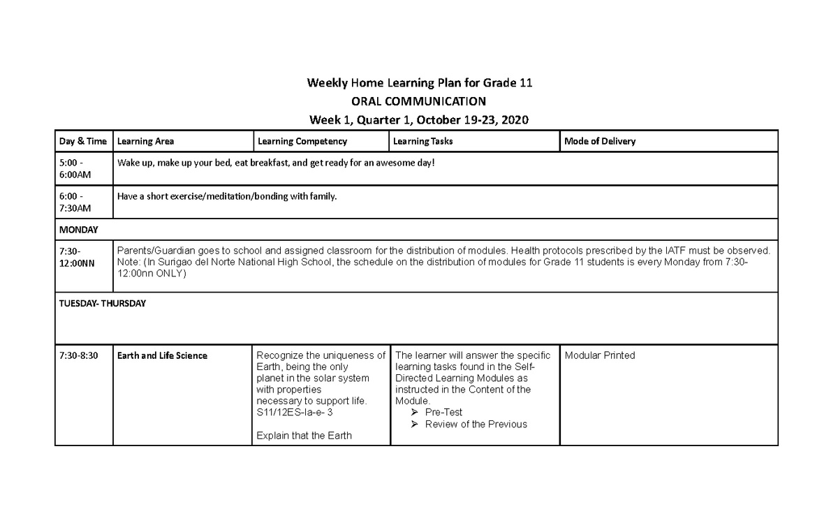 Weekly Home Learning Plan Week 1 Weekly Home Learning Plan For Grade 11 Oral Communication 4475