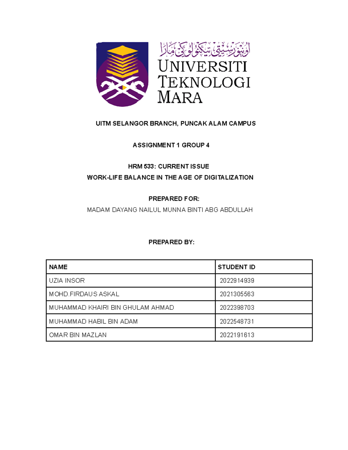 HRM533 Assignment 1 - HRM - UITM SELANGOR BRANCH, PUNCAK ALAM CAMPUS ...