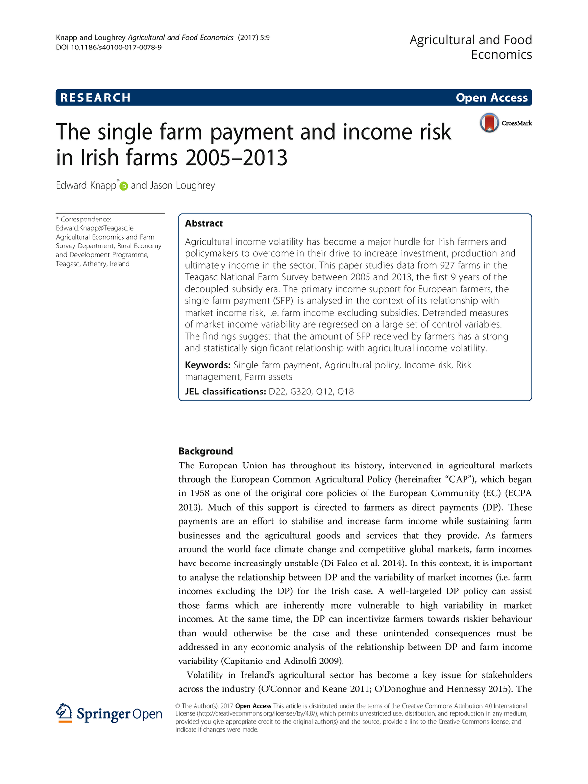 The single farm payment and risk in Irish farms 2005 2013 R E