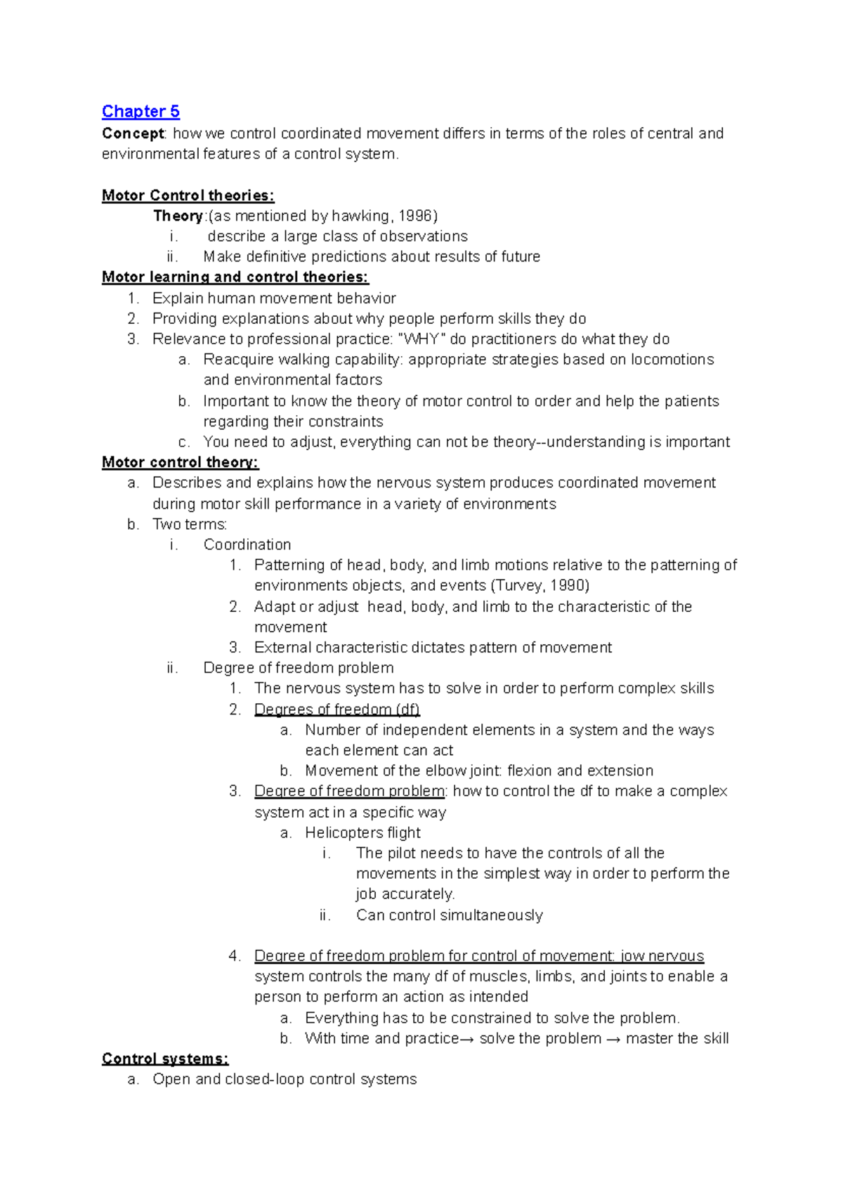 Lecture 5 and 6 notes Motor learning - Chapter 5 Concept : how we ...
