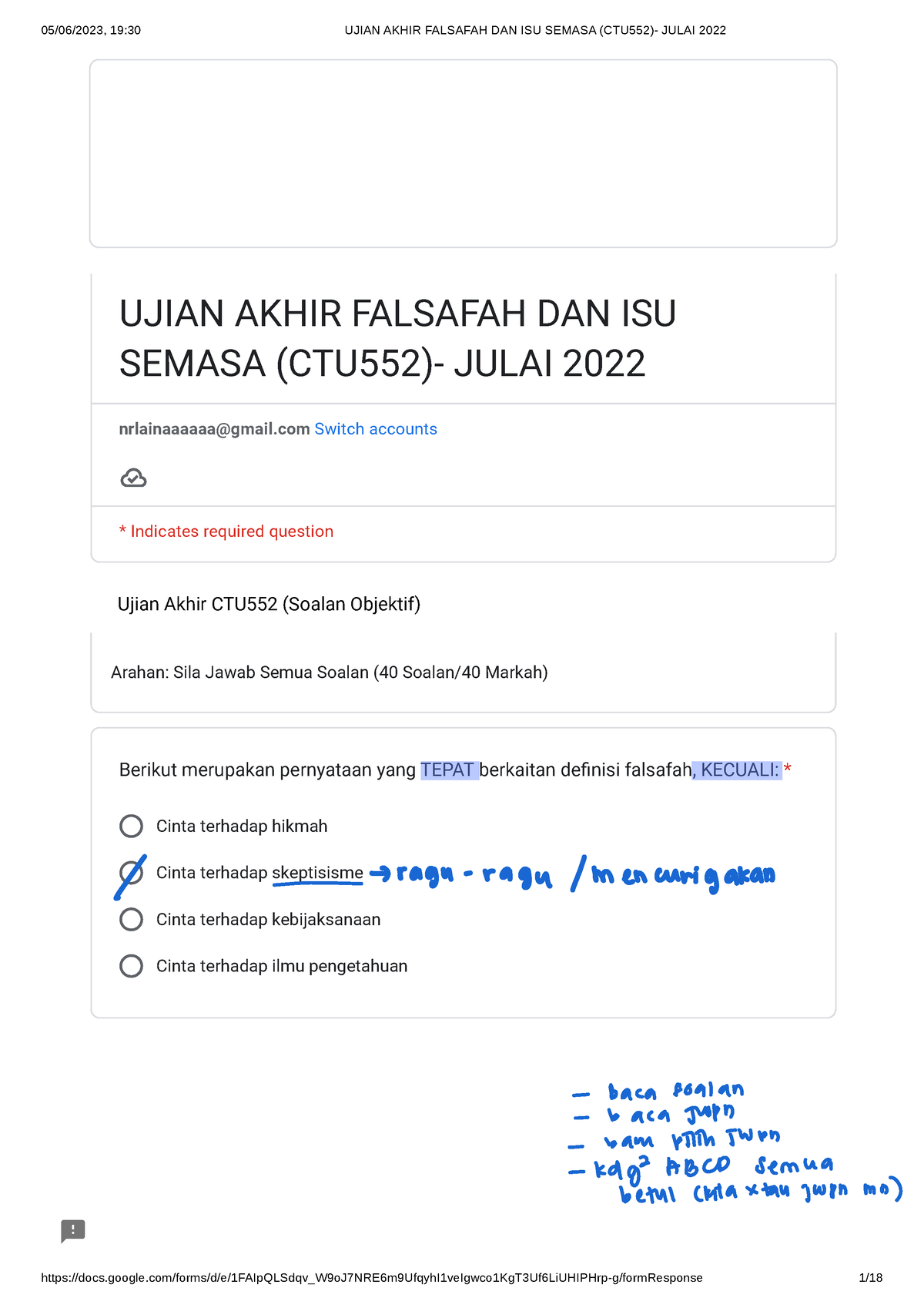 Ujian Akhir Falsafah DAN ISU Semasa (CTU552)- Julai 2022 - Ujian Akhir ...