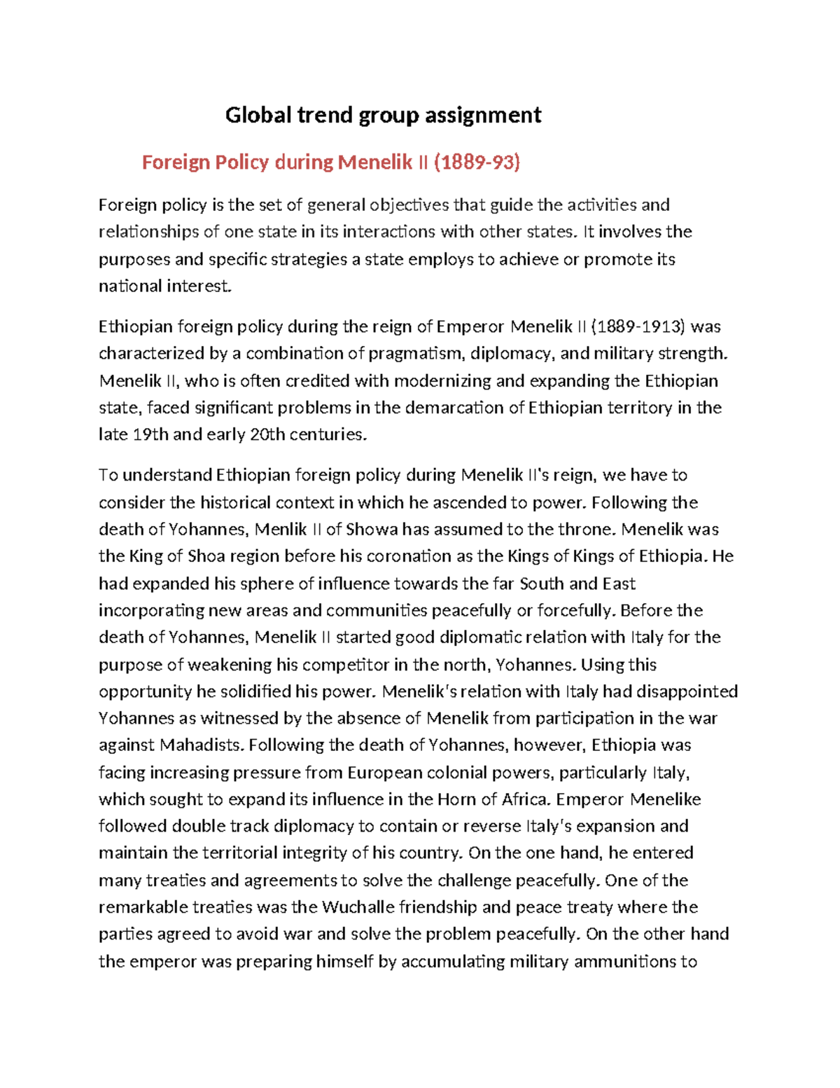 G - to revise Ethiopian foreign policy during Menelik II - Global trend ...