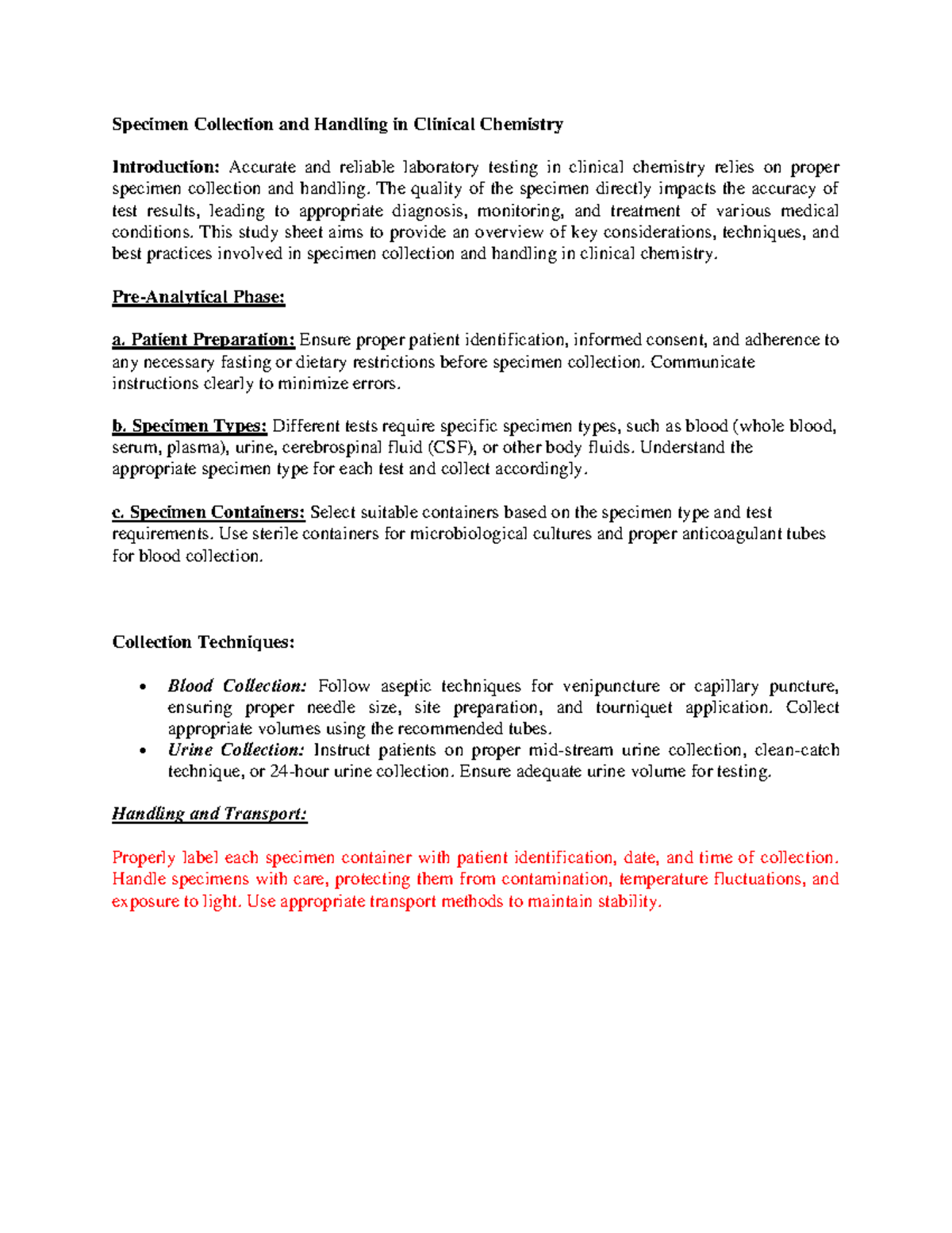 CC Specimen Collection and Handling in Clinical Chemistry Specimen