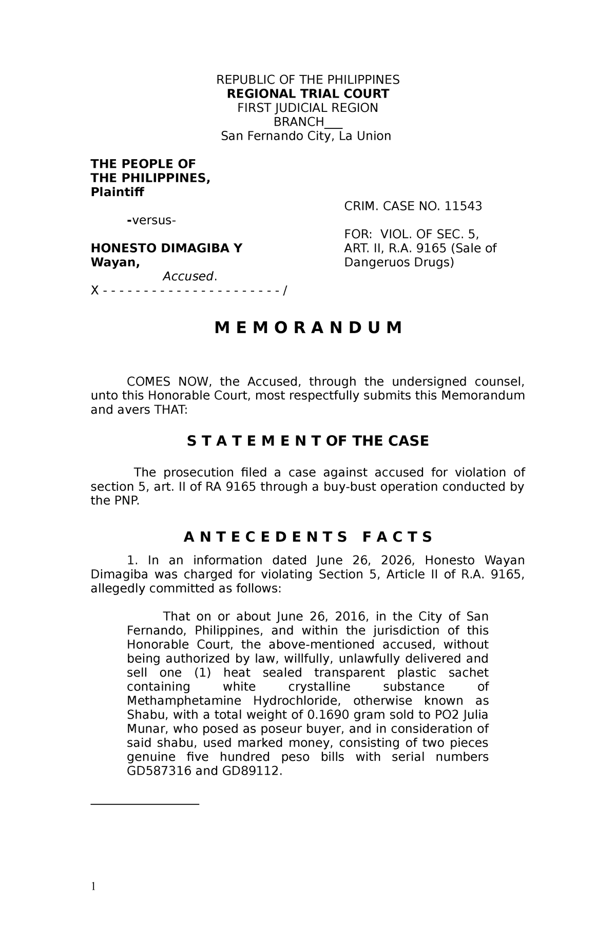 Legal Memorandum Sample REPUBLIC OF THE PHILIPPINES REGIONAL TRIAL