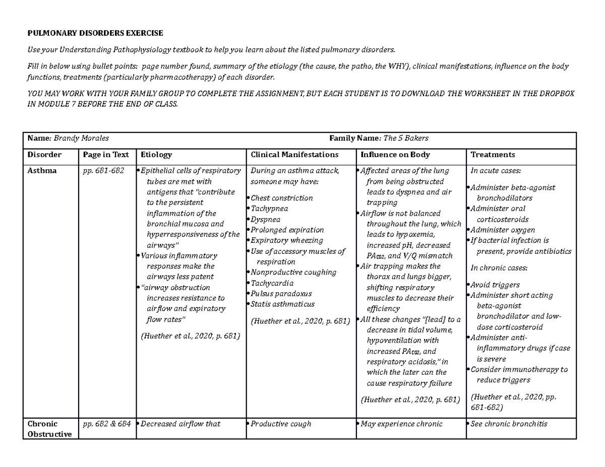 Pulmonary Disease Exercise - PULMONARY DISORDERS EXERCISE Use your ...