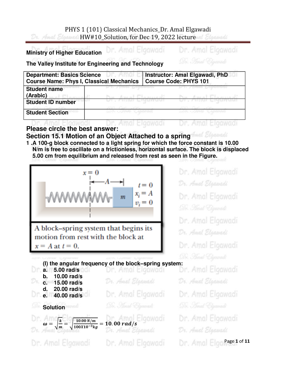 Dr. Amal Elgawadi HW 10 Classical Mech Dec 19, 2022 Solution - HW#10 ...