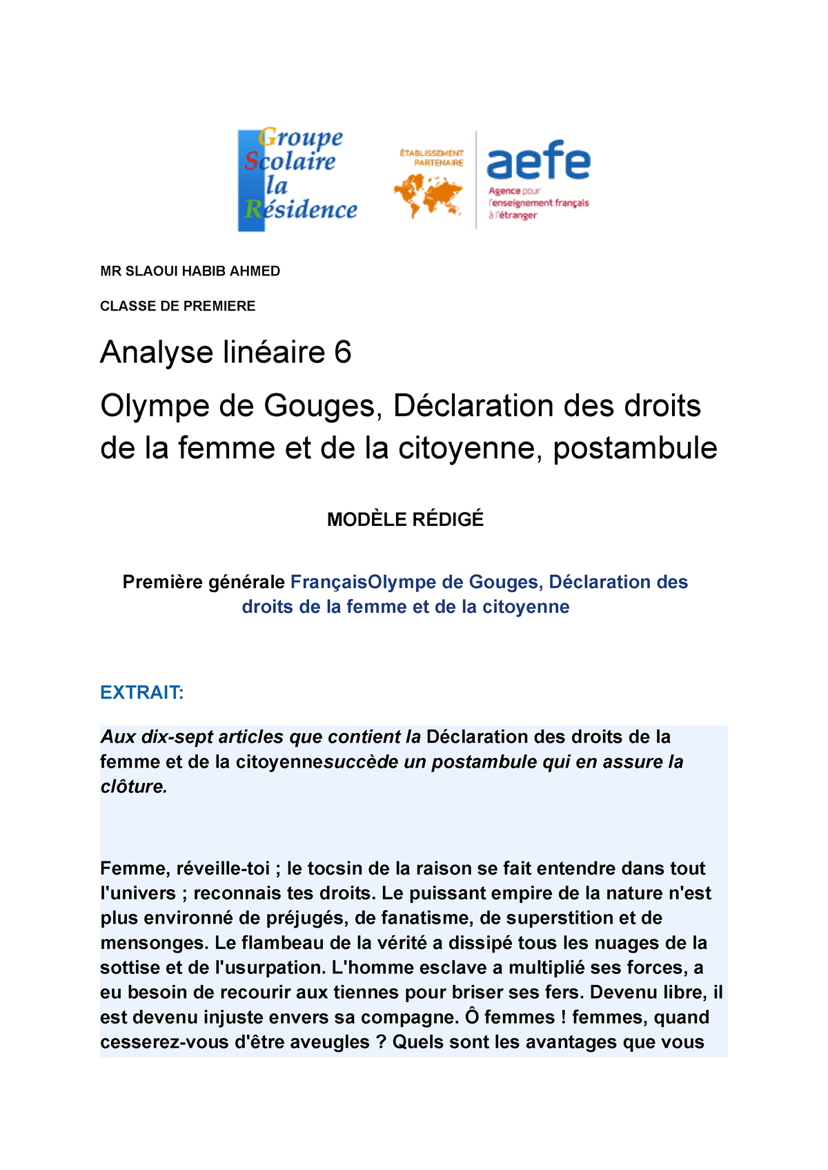 Préambule Olympe De Gouges Analyse Linéaire Analyse linéaire 6 MODÈLE RÉDIGÉ Olympe de Gouges, Déclaration des