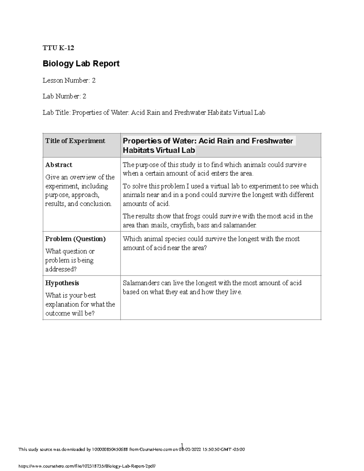 Biology Lab Report 2pdf Ttu K Biology Lab Report Lesson Number 2 Lab Number 2 Lab Title 