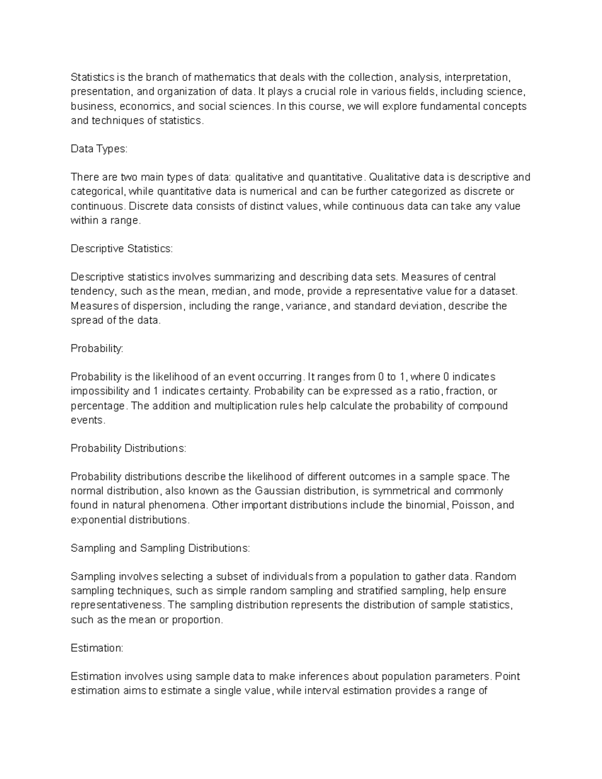 Sta261 - Digital notes taken in class - Statistics is the branch of ...