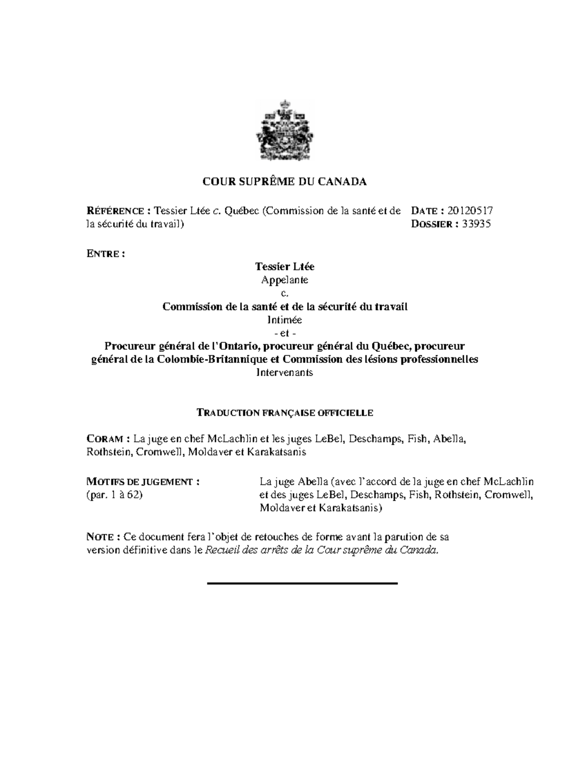 JUR-2 Tessier VS-CSST - Jurisprudence - COUR SUPRÊME DU CANADA ...