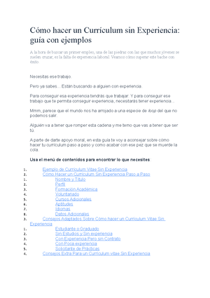 Ideas para hacer un CV sin tener experiencia laboral - Cómo hacer un Currículum  sin Experiencia: - Studocu