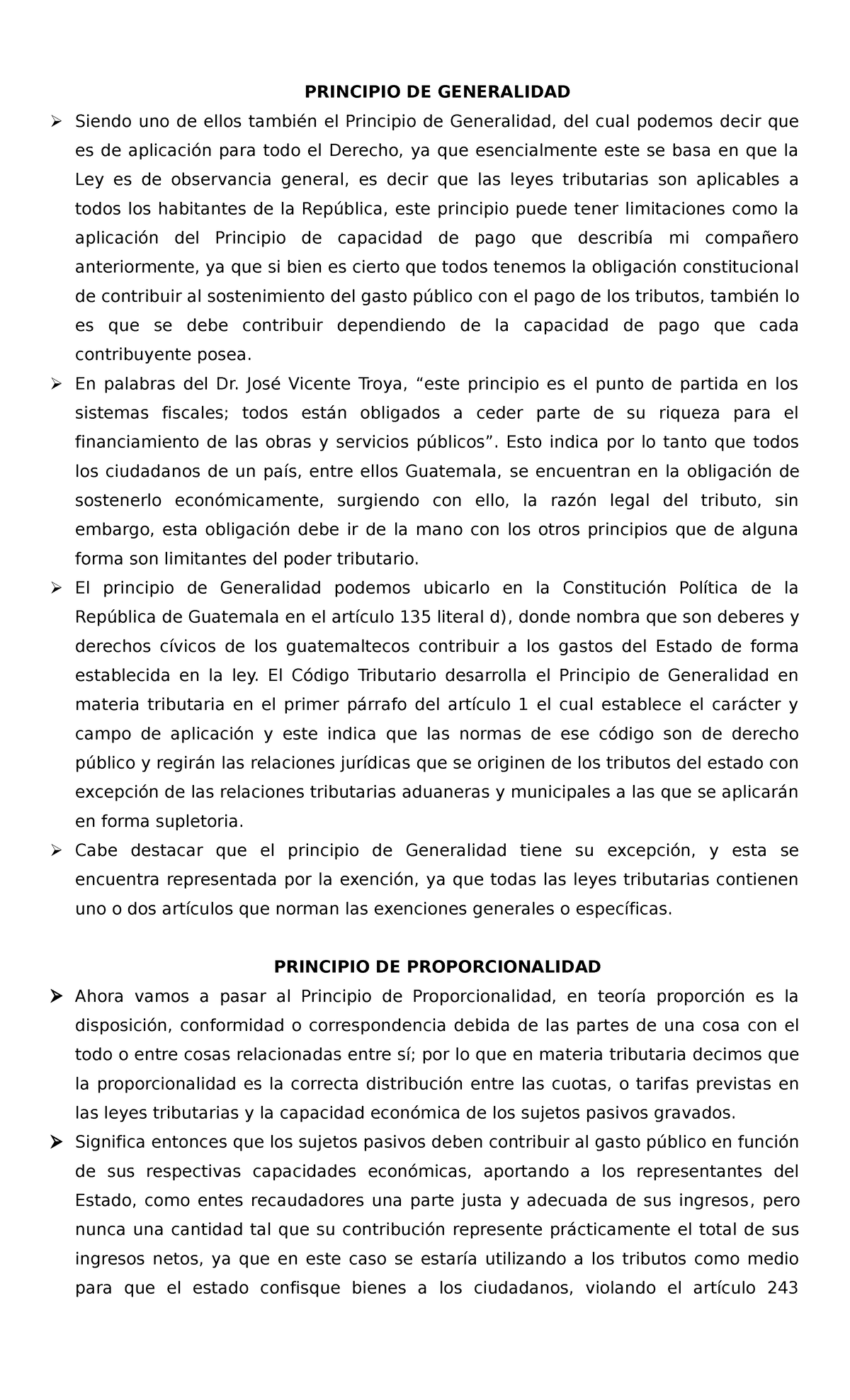 Apuntes tributario - PRINCIPIO DE GENERALIDAD Siendo uno de ellos ...