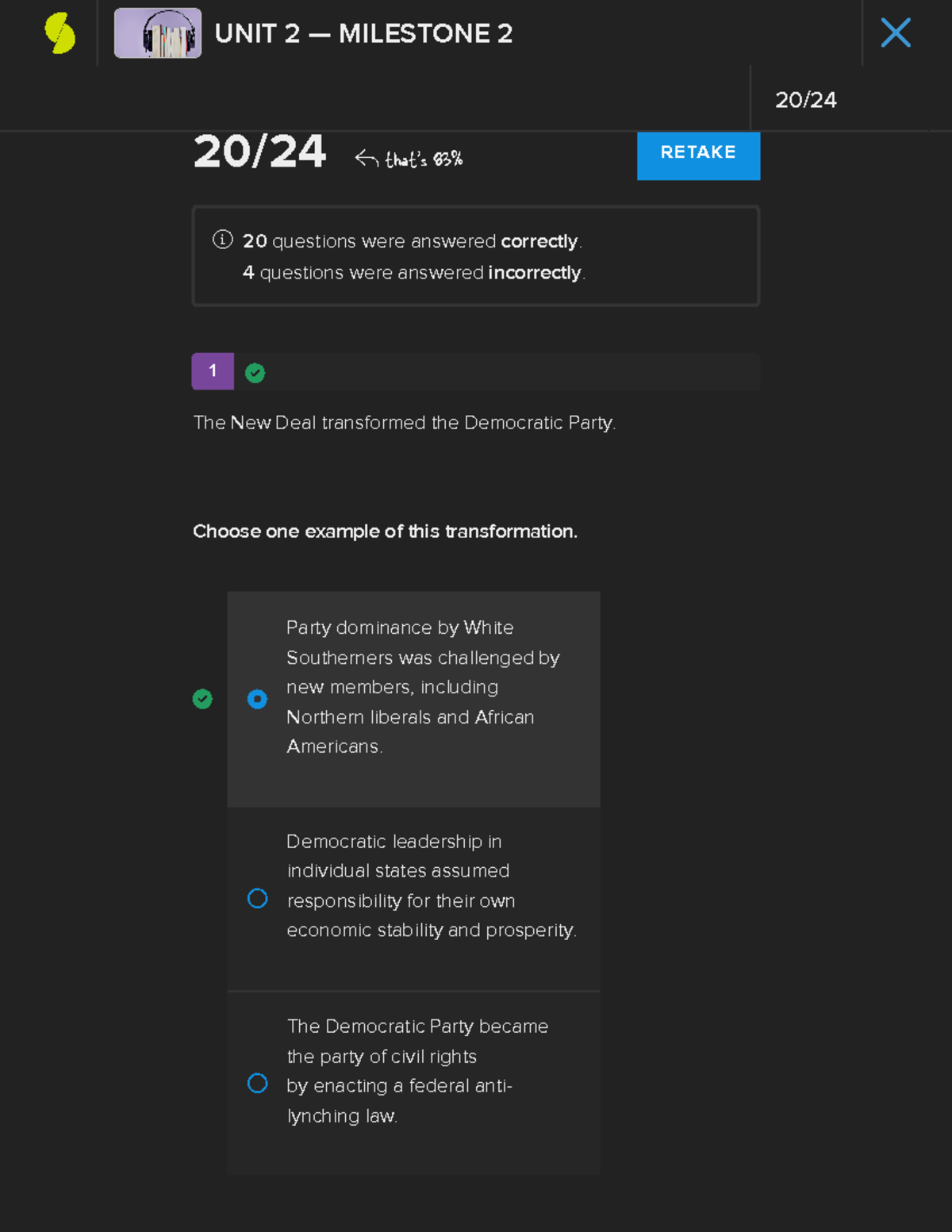 Sophia US History II Milestone 2 - 1 20/24 That's 83% RETAKE 20 ...