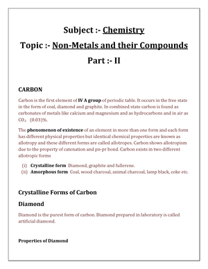 Non-Metals and their Compounds part 2 class notes - Subject :- Chemistry  Topic :- Non-Metals and - Studocu