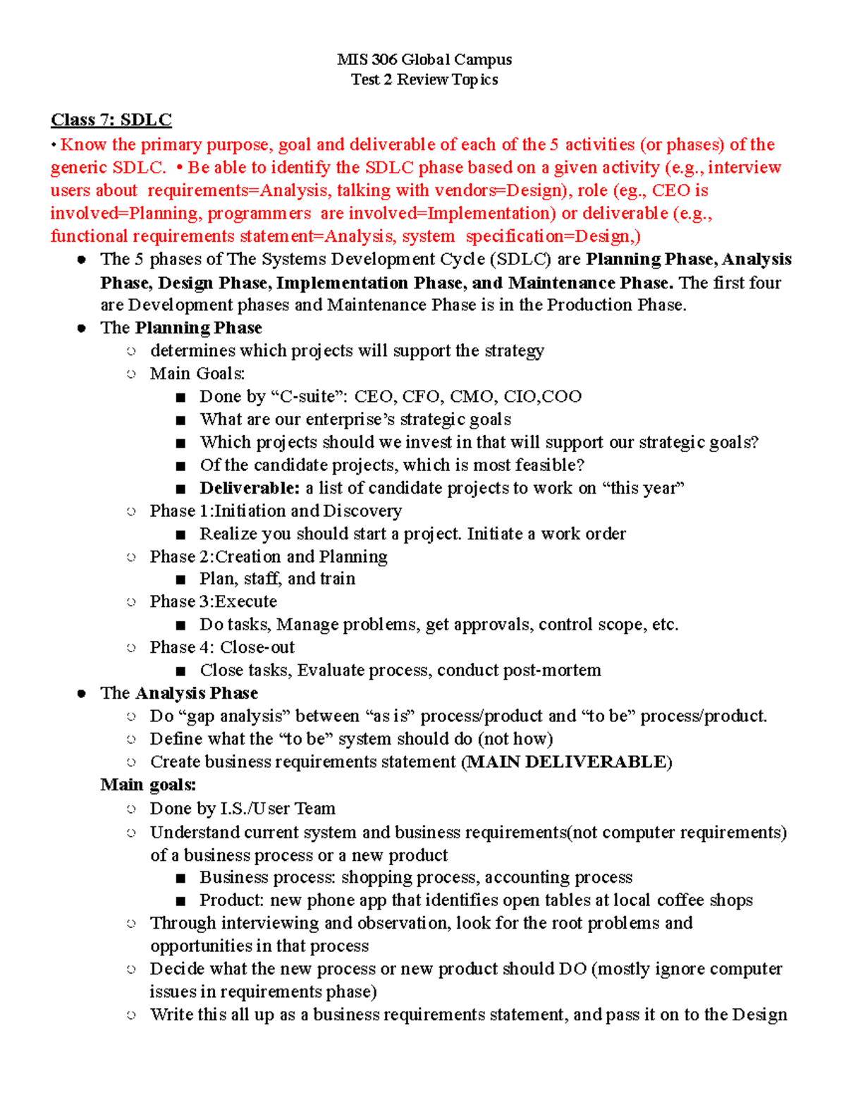 306GC.Test2Review Topics - MIS 306 Global Campus Test 2 Review Topics ...