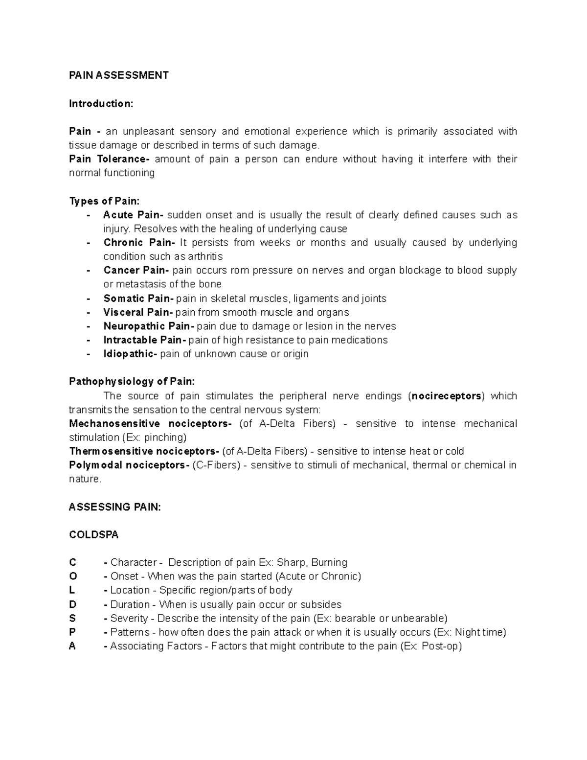 PAIN Assessment - n/a - PAIN ASSESSMENT Introduction: Pain - an ...