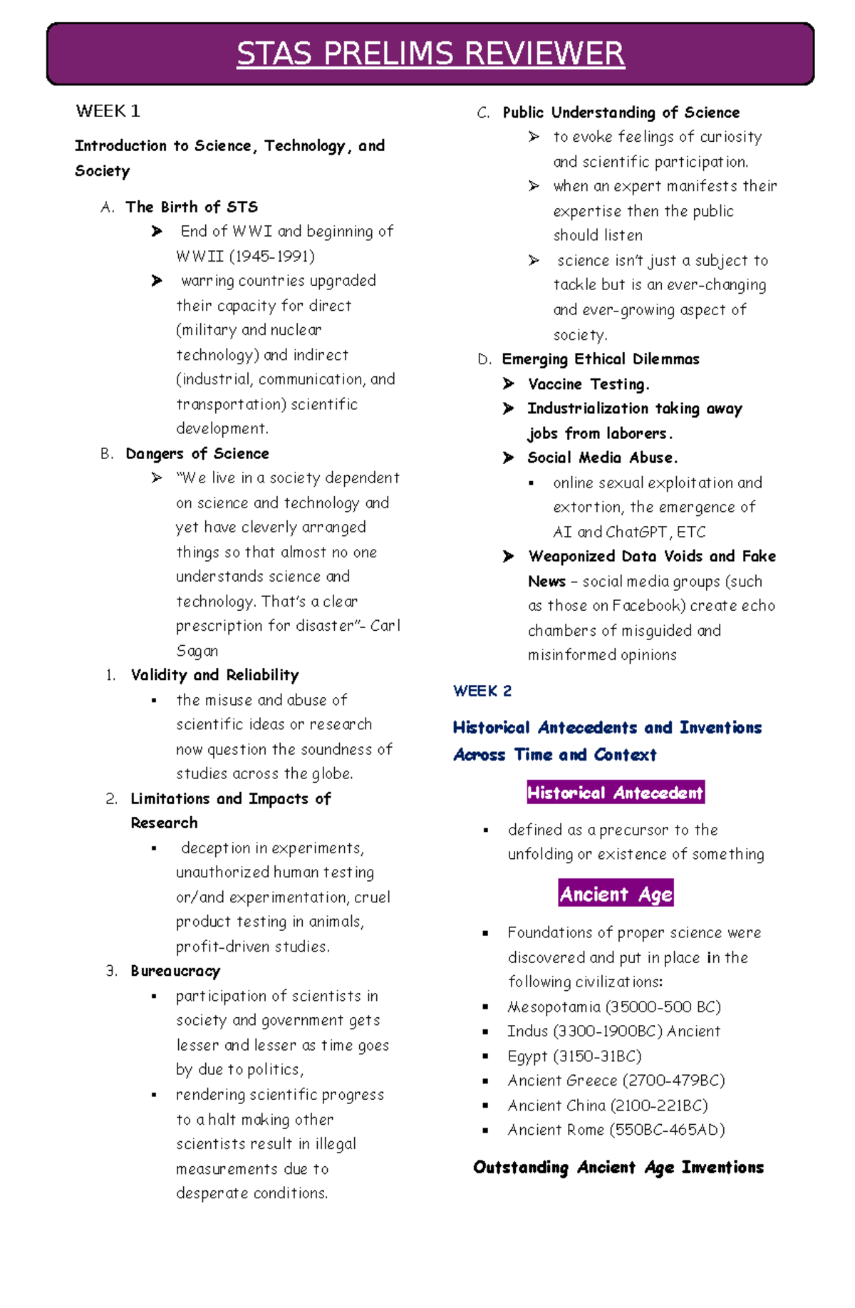 STAS Prelims Reviewer - ... - WEEK 1 Introduction to Science ...