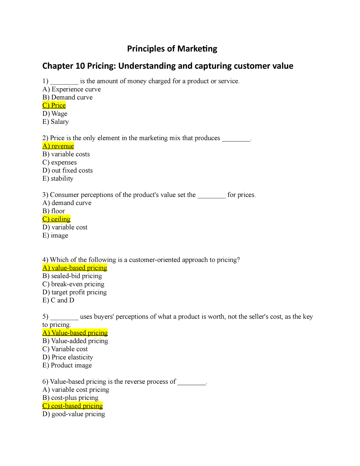 BBA 3rd Marketing Mcq's - Principles Of Marketing Chapter 10 Pricing ...