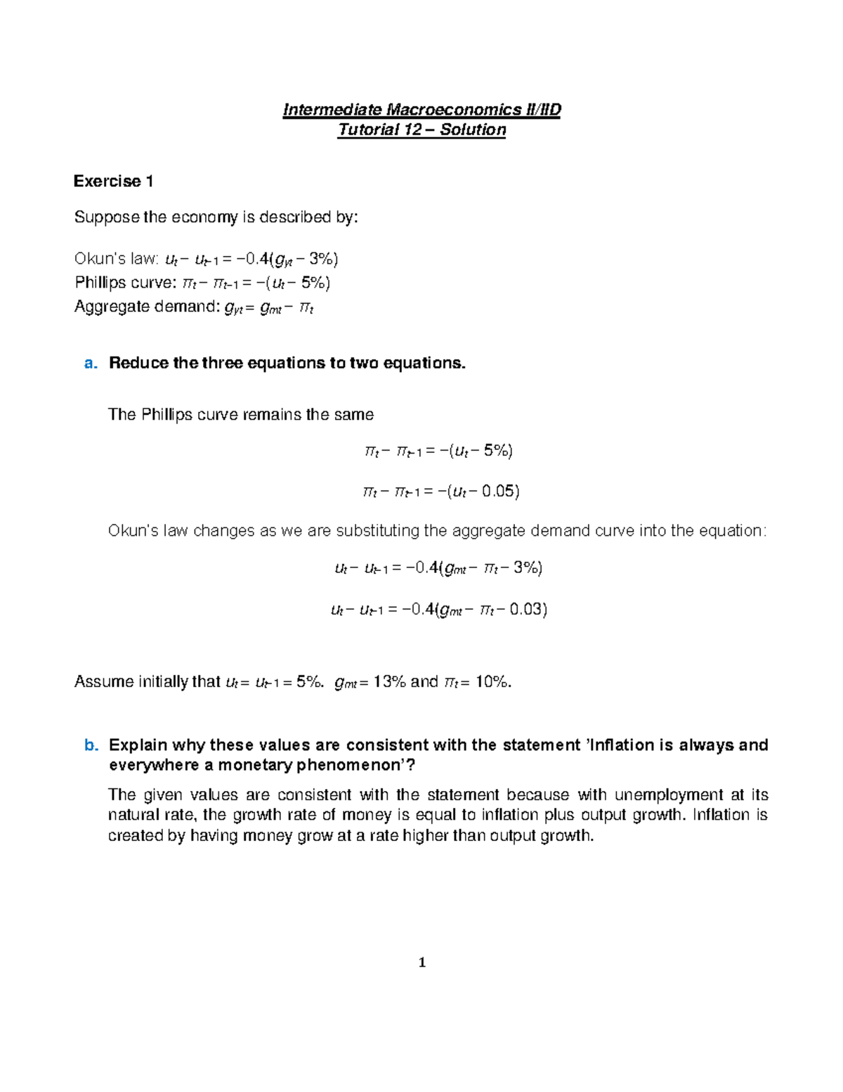 Tutorial 12 - Solutions - Intermediate Macroeconomics II/IID Tutorial ...