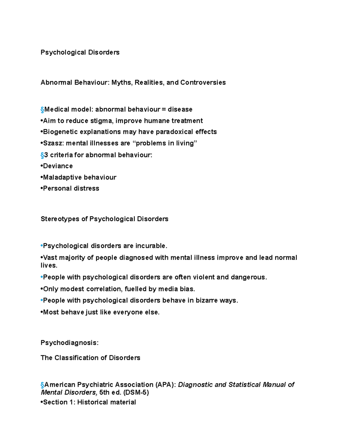 PSYC 102 Chapter 15 Note - Psychological Disorders Abnormal Behaviour ...