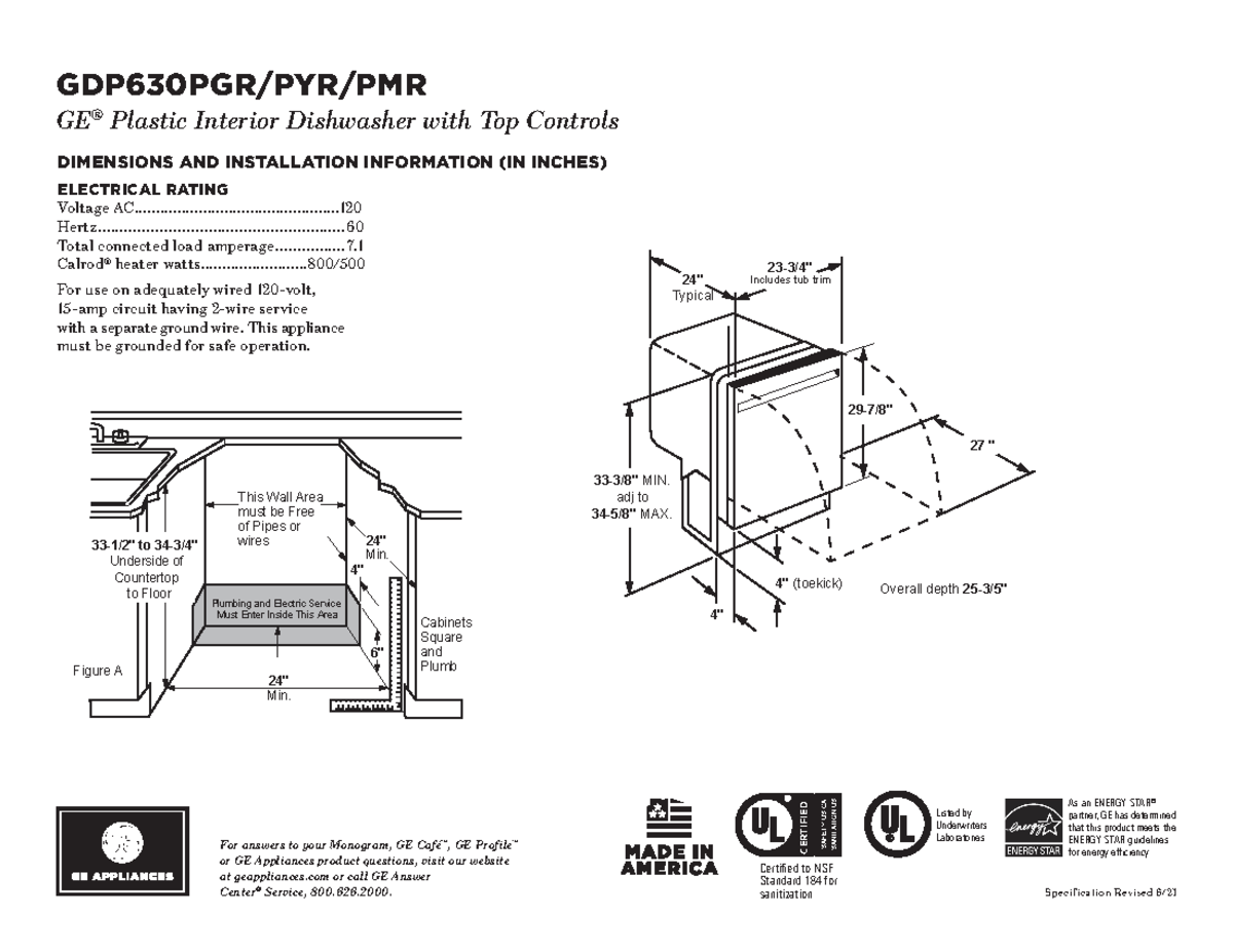 GE Dishwasher Dimensions DIMENSIONS AND INSTALLATION INFORMATION (IN