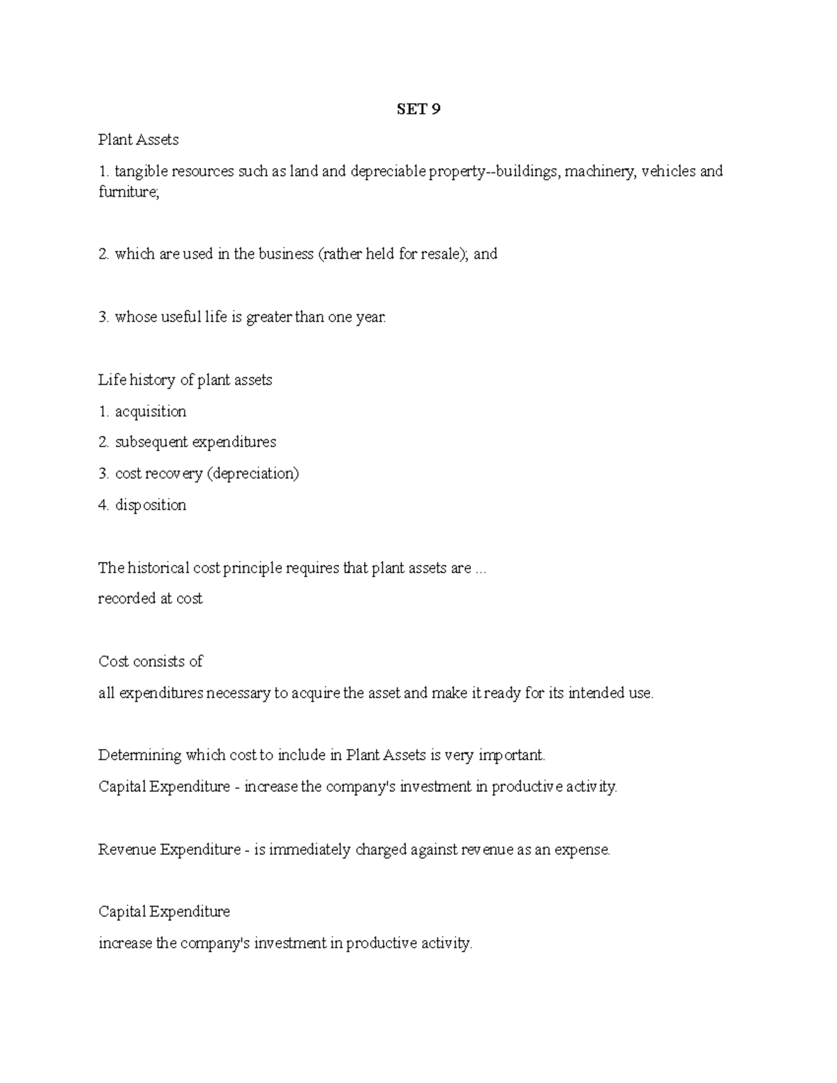 SET 9 - Lecture notes 9 - SET 9 Plant Assets 1. tangible resources such ...