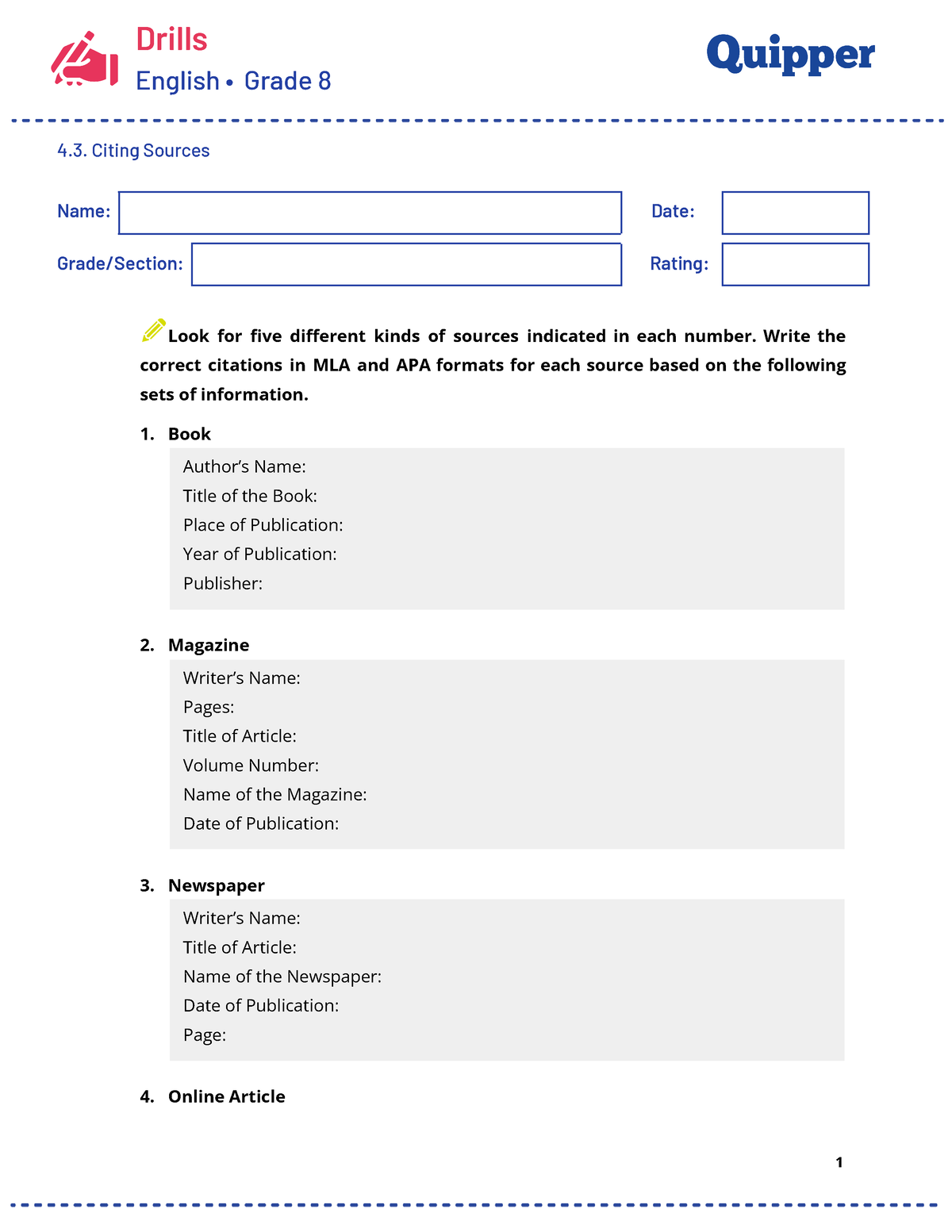 ME-Eng8-Q1-0403 WS Citing-Sources - Drills English • Grade 8 4. Citing ...