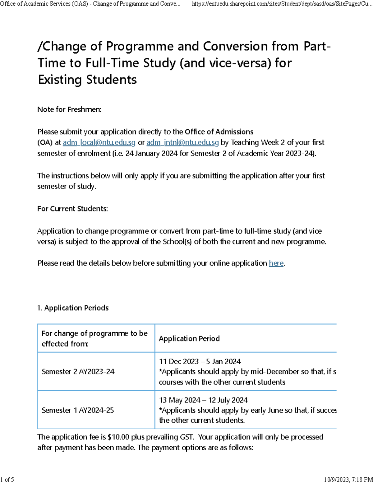 Change of Programme Details /Change of Programme and Conversion from