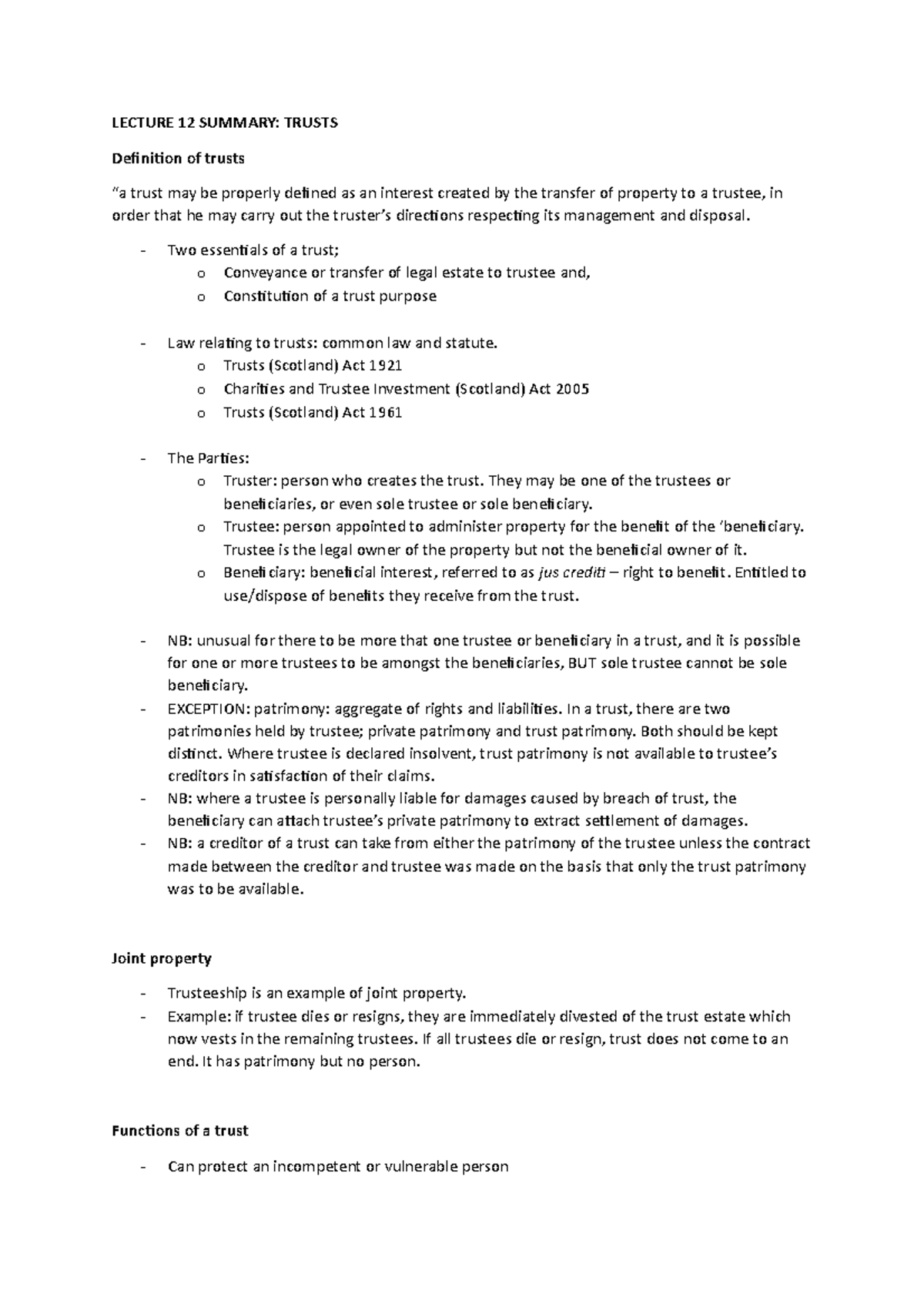 L12 trusts part 1 summary - LECTURE 12 SUMMARY: TRUSTS Definition of ...