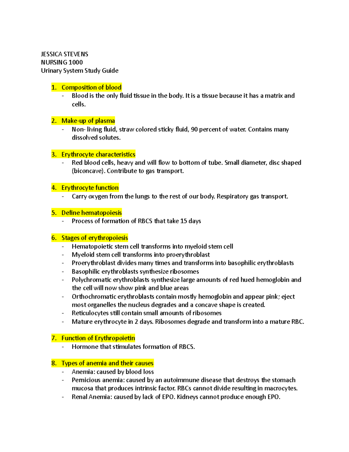 Blood Study Guide - JESSICA STEVENS NURSING 1000 Urinary System Study ...