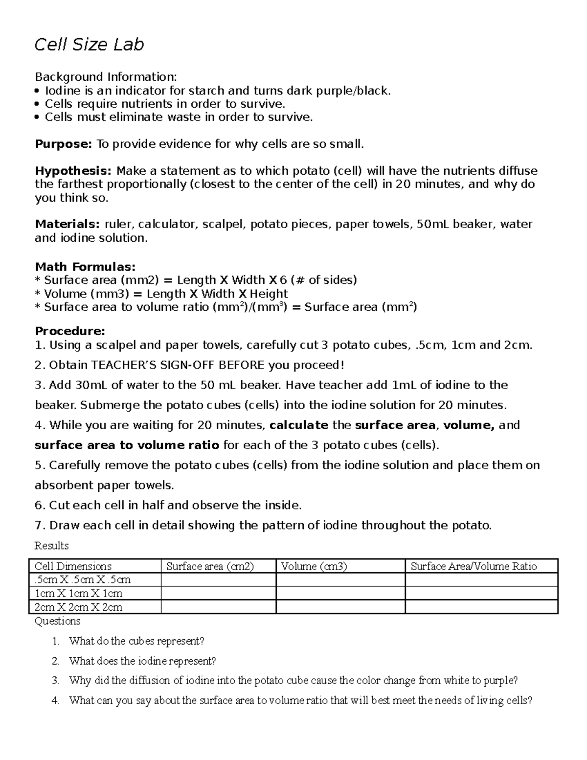 Cell Size Lab - Biology - Cell Size Lab Background Information: Iodine ...