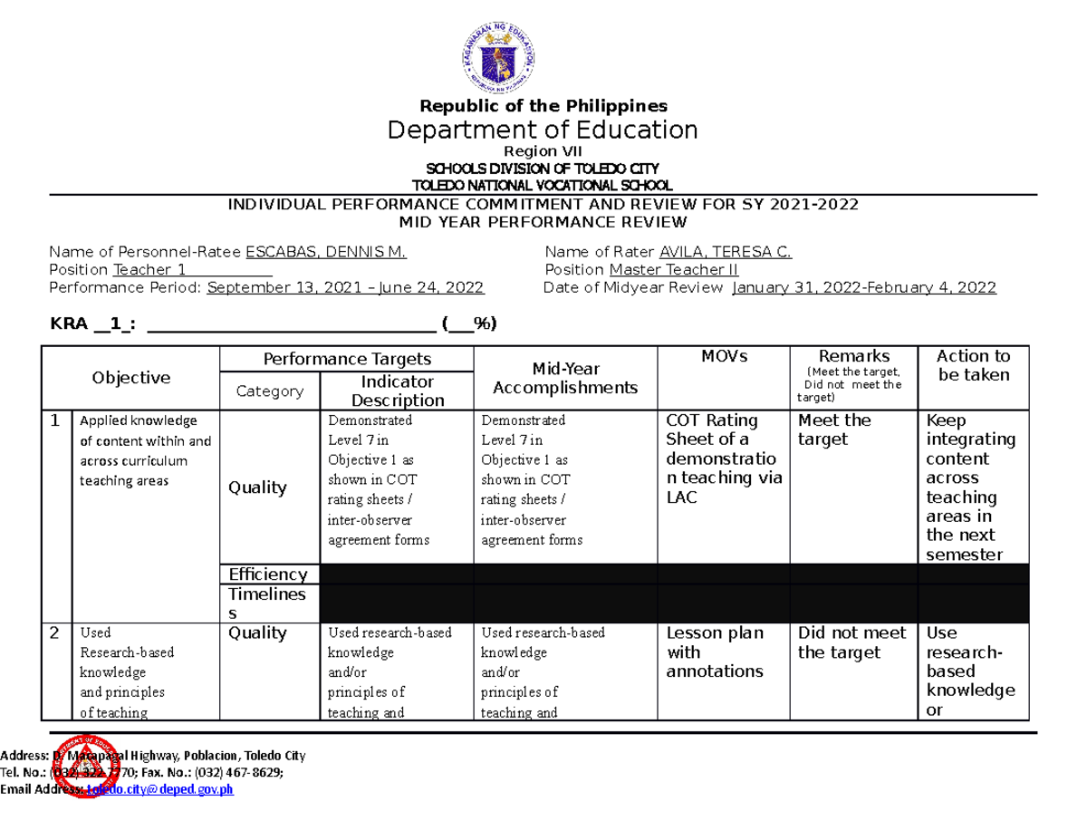 Template for Teachers Mid Year Performance Review Target School ...