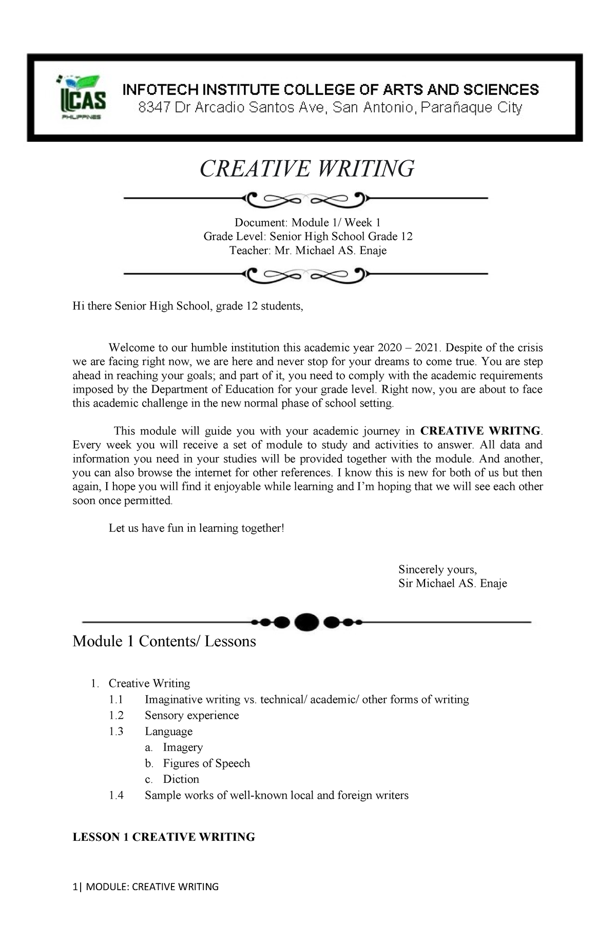 grade 12 creative writing module answer key