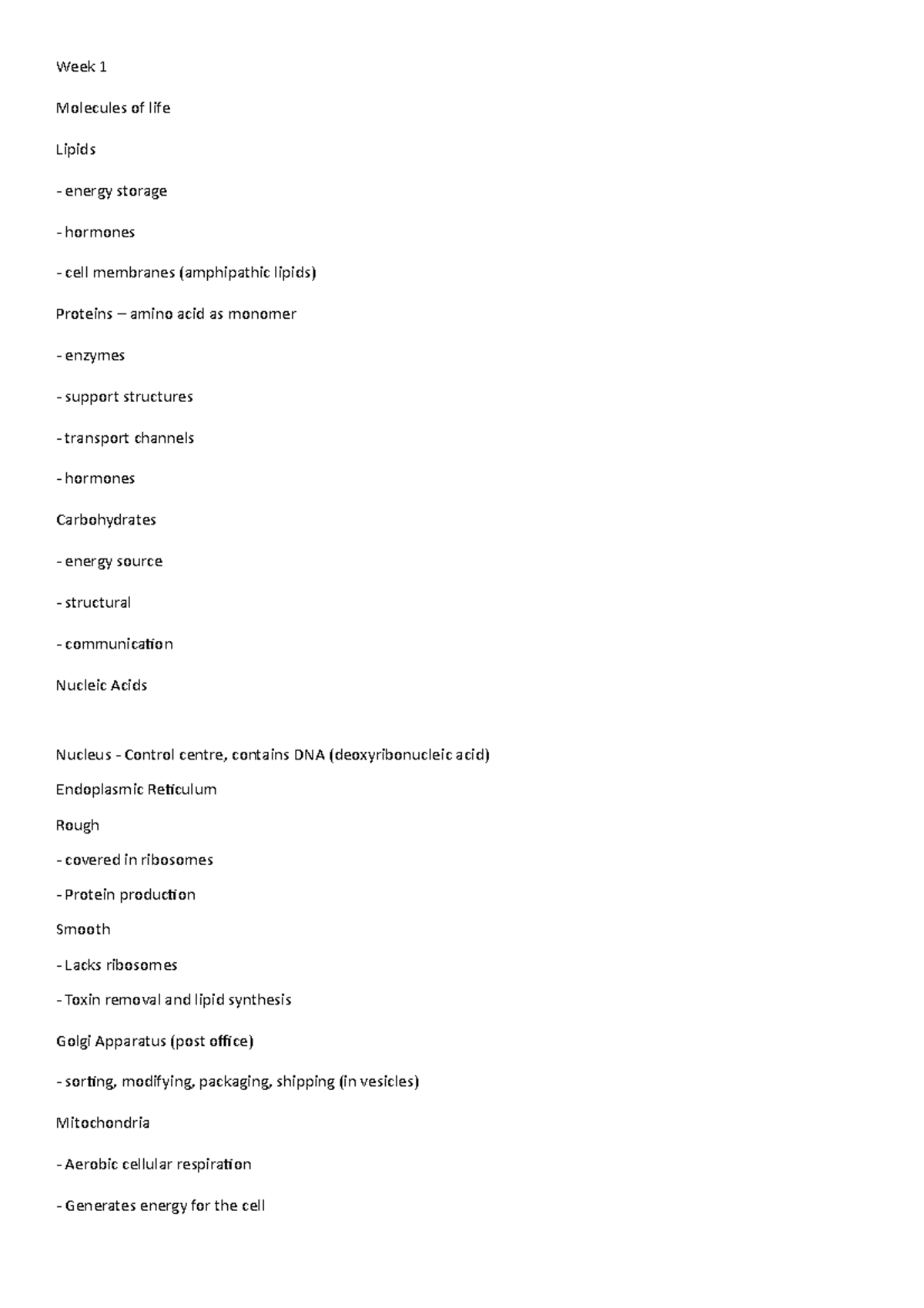 Summary week 1 Notes Lecture 1 to 6 - Week 1 Molecules of life Lipids ...