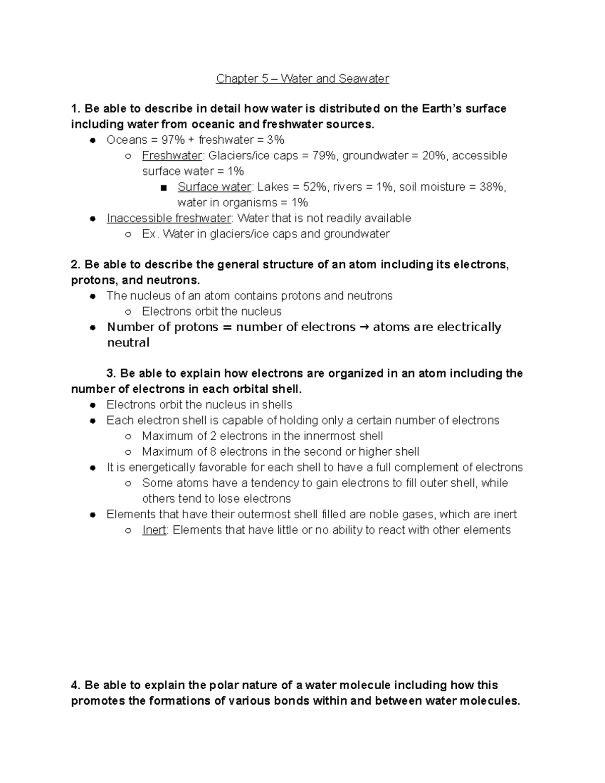 Marine Bio Exam 2 Study Guide - Chapter 5 – Water and Seawater 1. Be ...