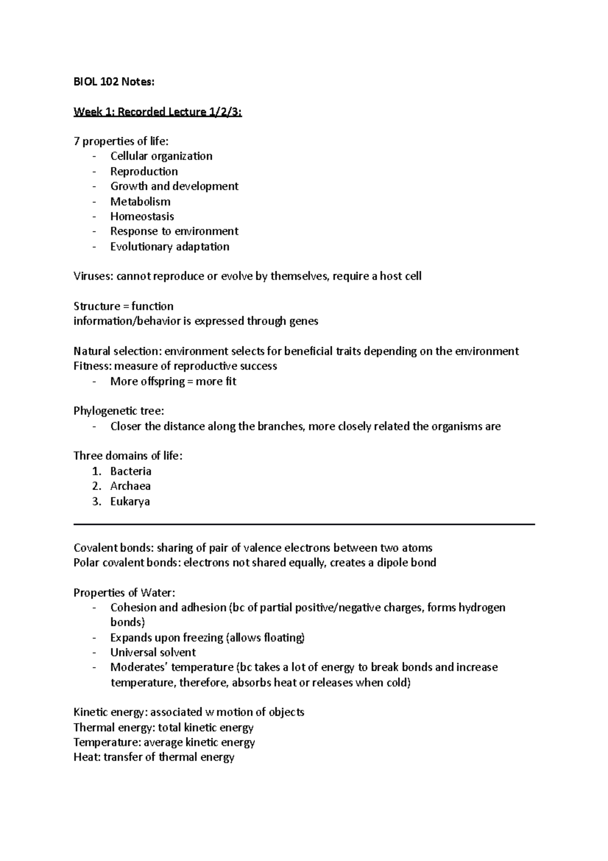BIOL 102 Notes - BIOL 102 Notes: Week 1: Recorded Lecture 1/2/3: 7 ...