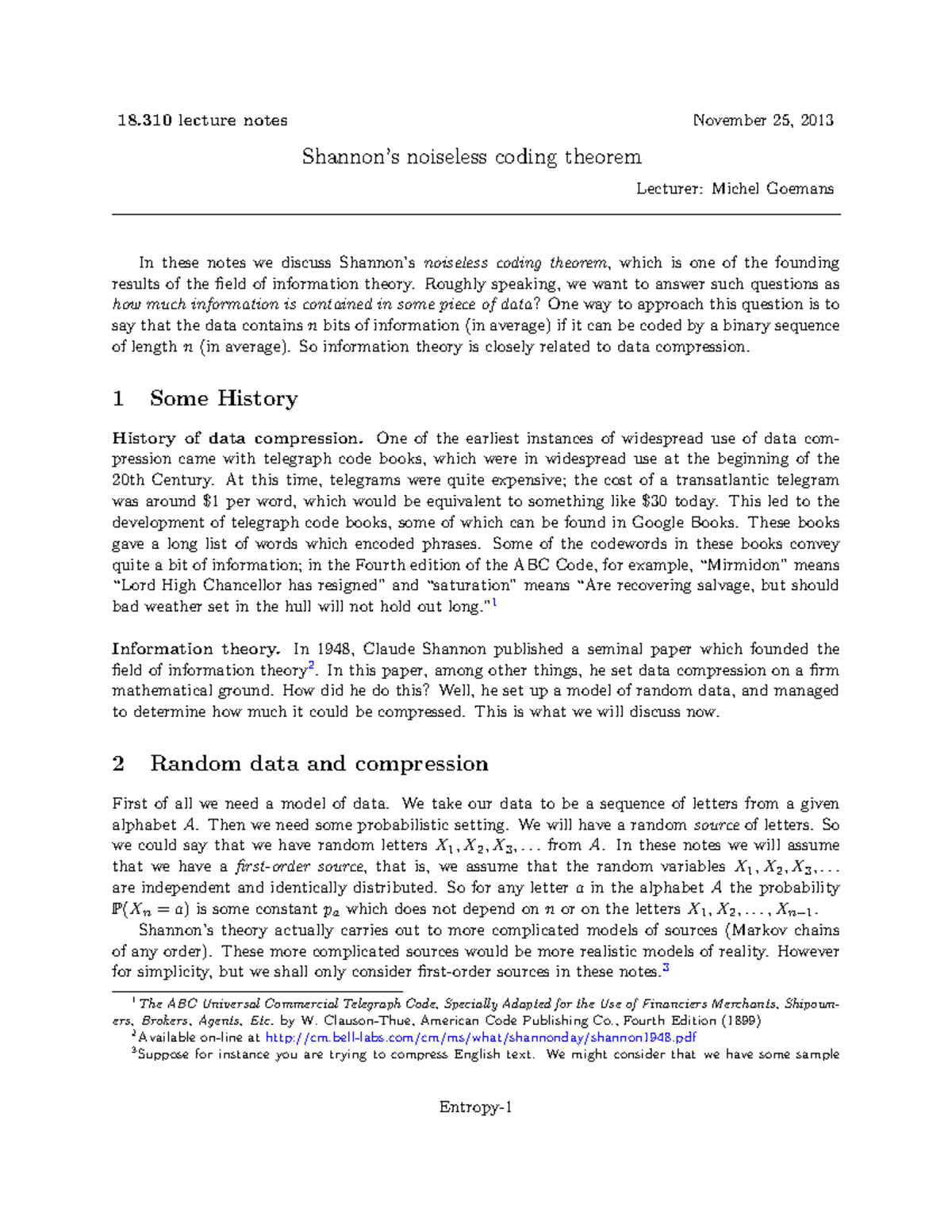 Shannon's Noiseless Coding Theorem - 18 lecture notes November 25, 2013 ...