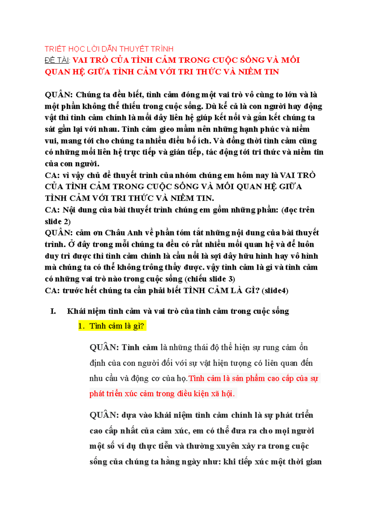 Thuyết-trình-Triết - cvdewv - TRIẾT HỌC LỜI DẪN THUYẾT TRÌNH ĐỀ TÀI: VAI TRÒ CỦA TÌNH CẢM TRONG CUỘC - StuDocu