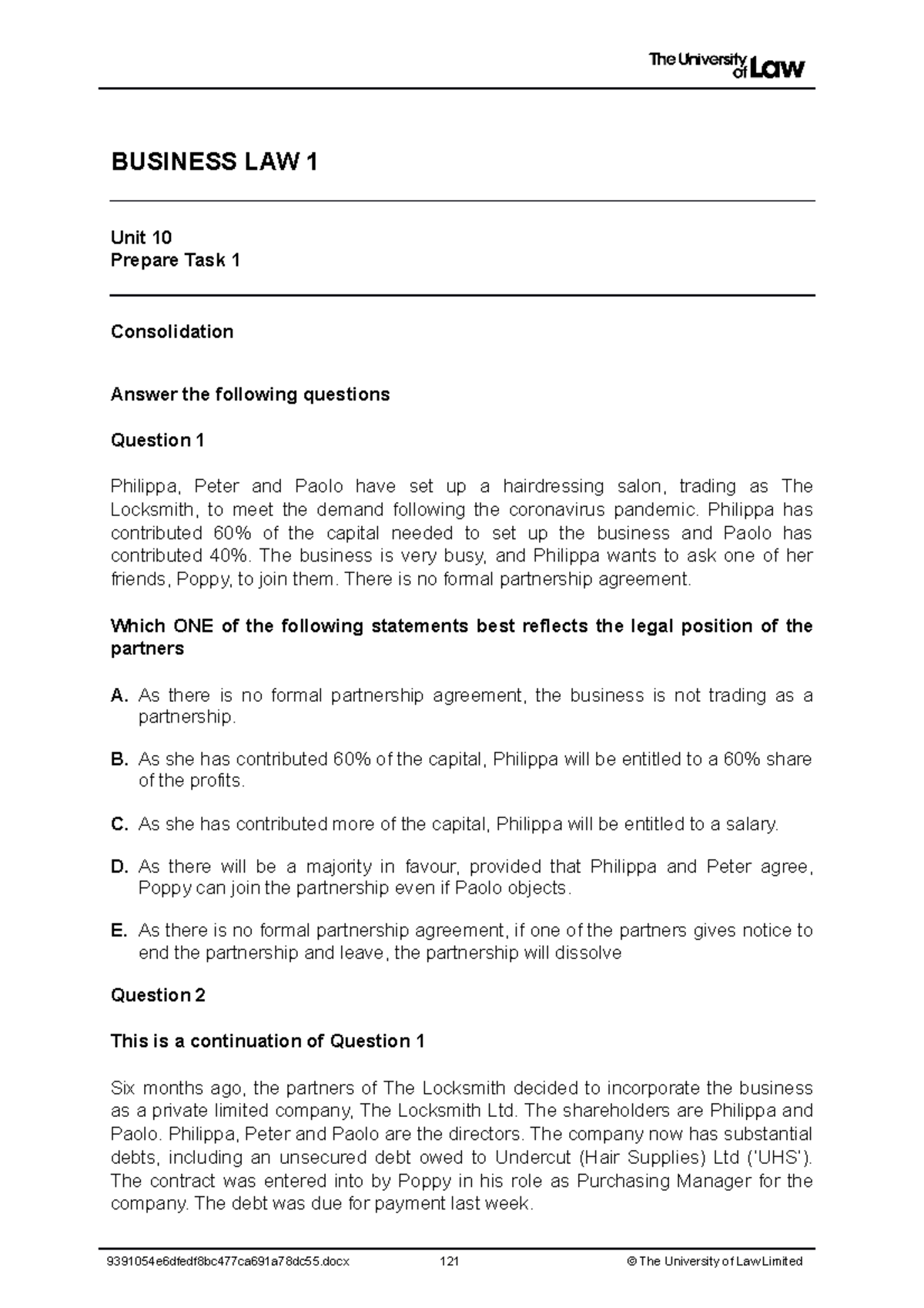 WS10 prep task 1 - Workshop Notes - BUSINESS LAW 1 Unit 10 Prepare Task ...