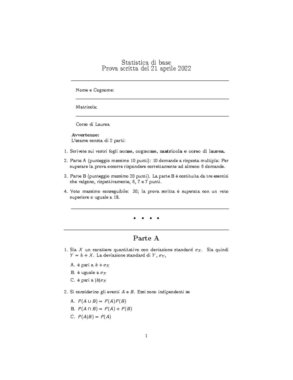 Apr22 Statistica Di Base Prova Scritta Del 21 Aprile