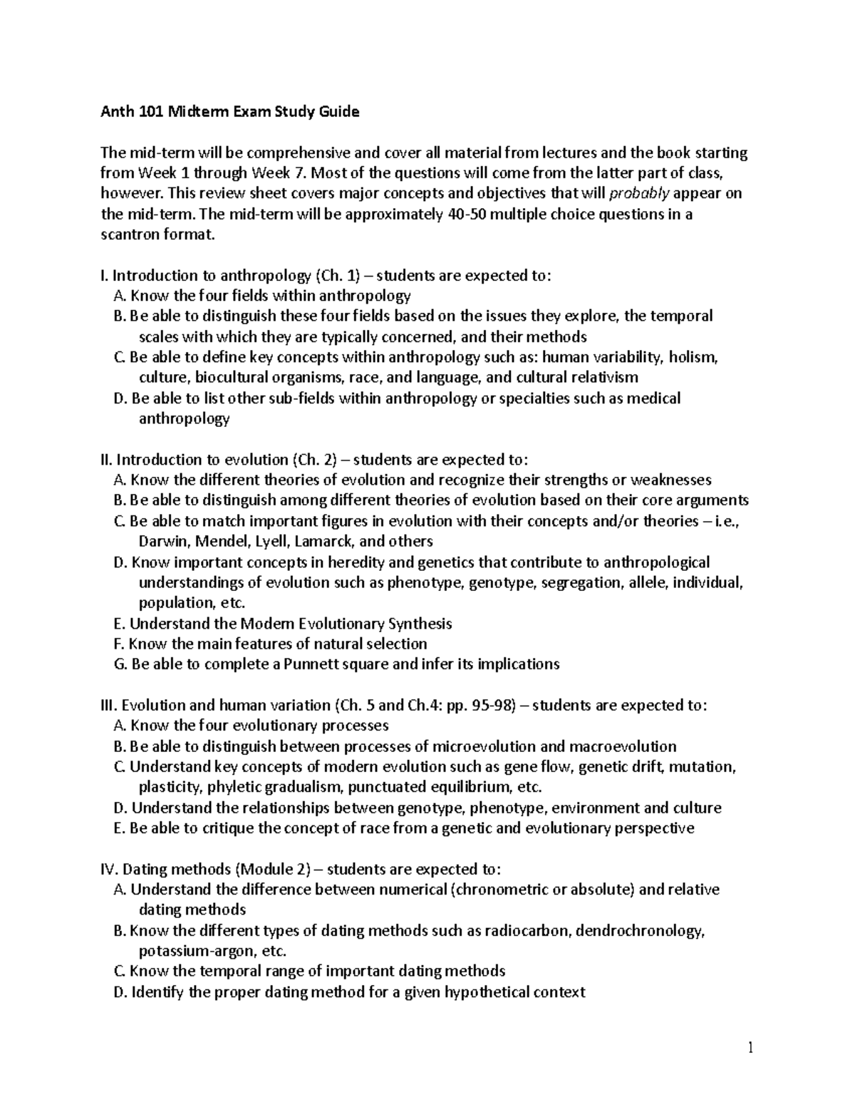Anth 101 Mid Term Study Guide 2021 1 Anth 101 Midterm Exam Study