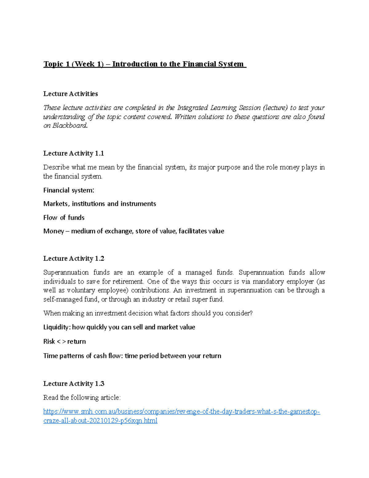 Topic 1 - Introduction to the Financial System Lecture Activities ...
