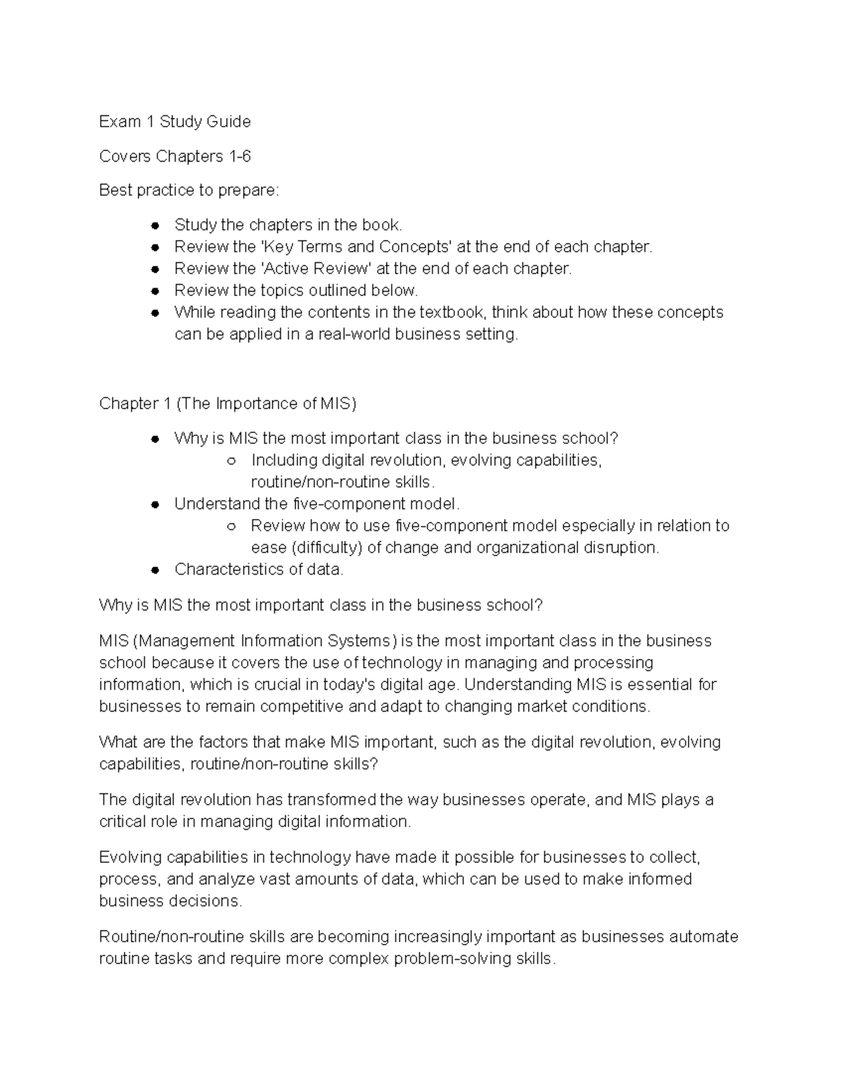 IS 4410 Study Guide Exam 1 Exam 1 Study Guide Covers Chapters 1 Best 