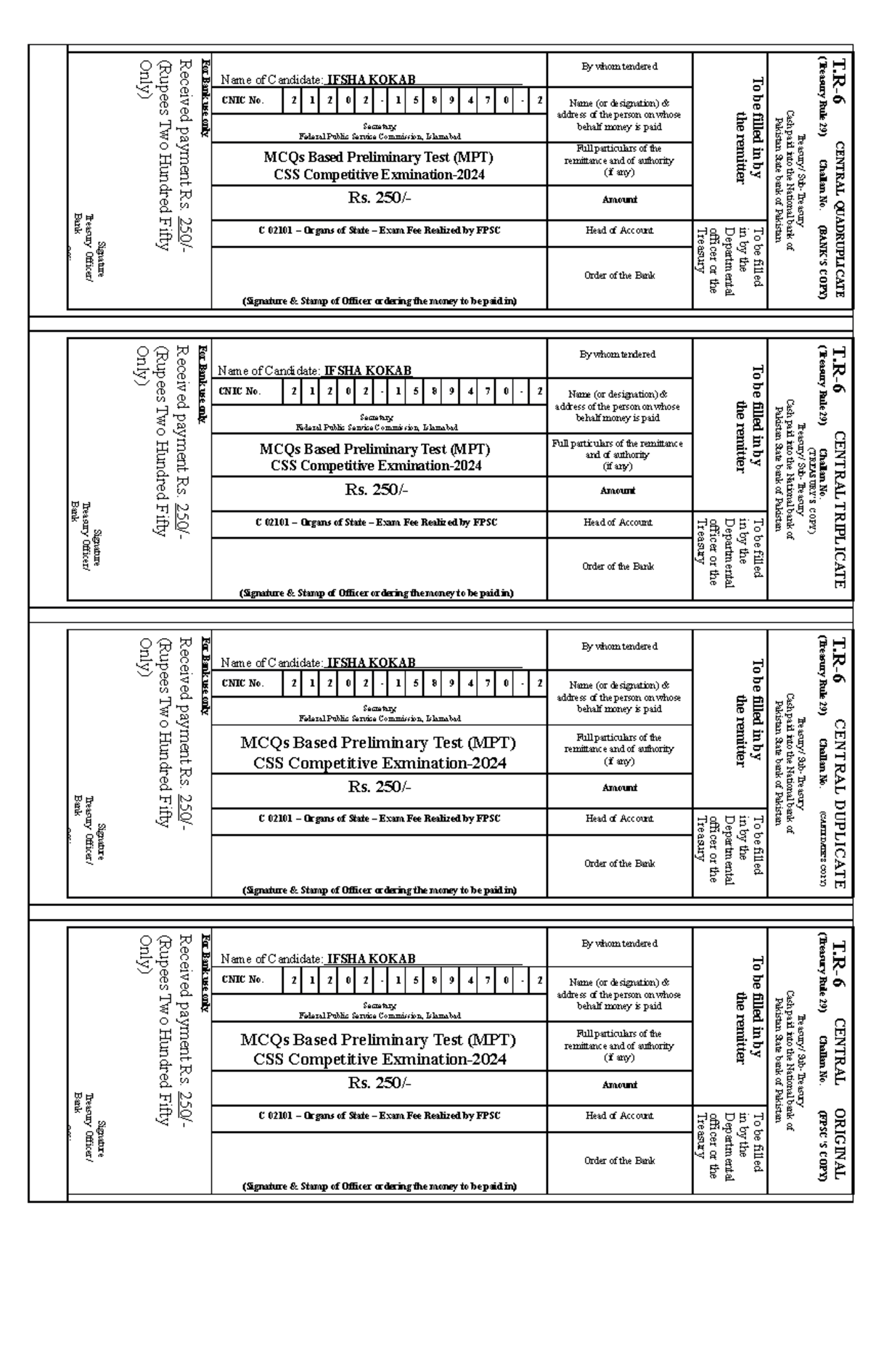 CE 2024 MPT Challan Form For Bank use only Received payment Rs. 250